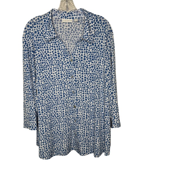 Susan Graver Tops - Susan Graver Blue White Abstract Mosaic Button Down Tunic Top Plus Size 3X